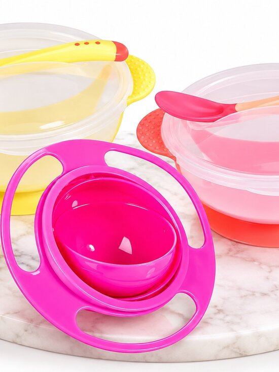 Other - 3-Piece Baby Feeding Bowl Set with Spoons & Rotating Spill-Resistant Bowl